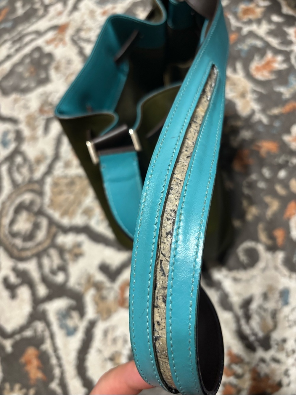 Salvatore Ferragamo Olive and Teal Leather Bucket Shoulder Bag - Picture 5 of 6